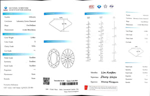 NGIC certificate for 3.166ct oval cut E color VVS1 clarity lab-grown diamond
