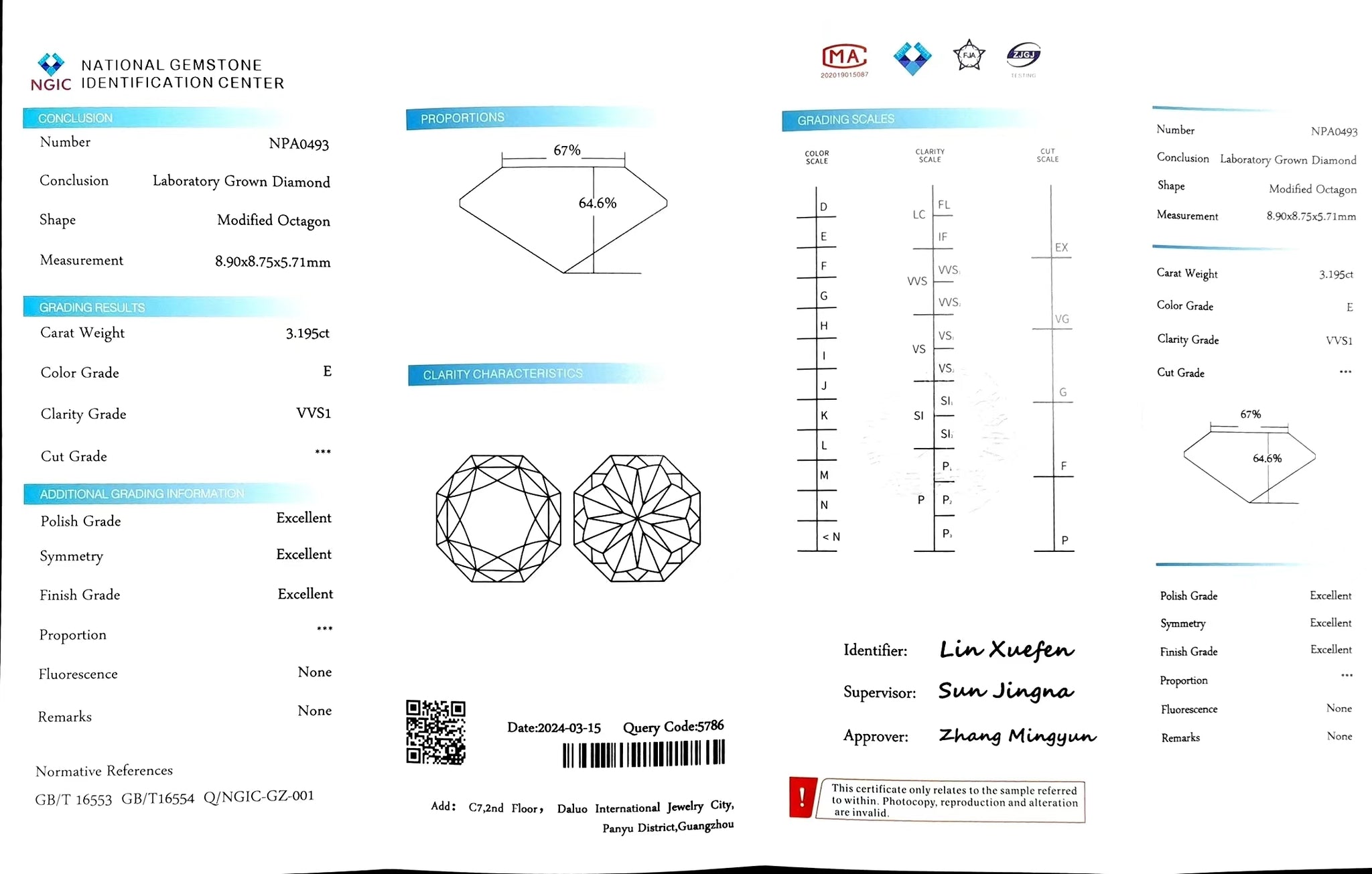"NGIC certificate for 3.195ct modified octagon cut E color VVS1 lab diamond"