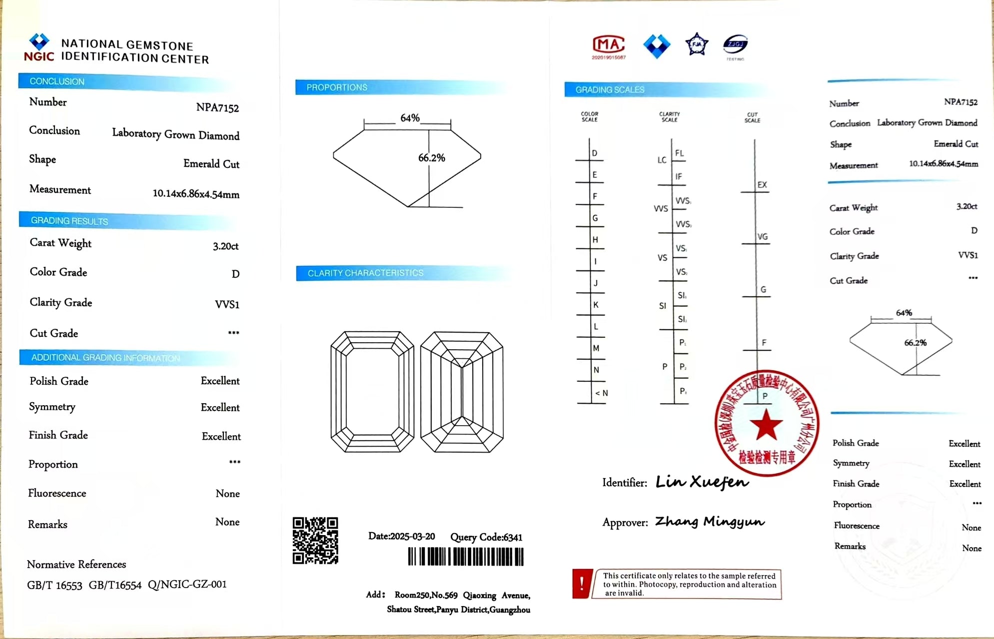NGIC certificate for 3.20ct emerald cut D color VVS1 clarity lab-grown diamond