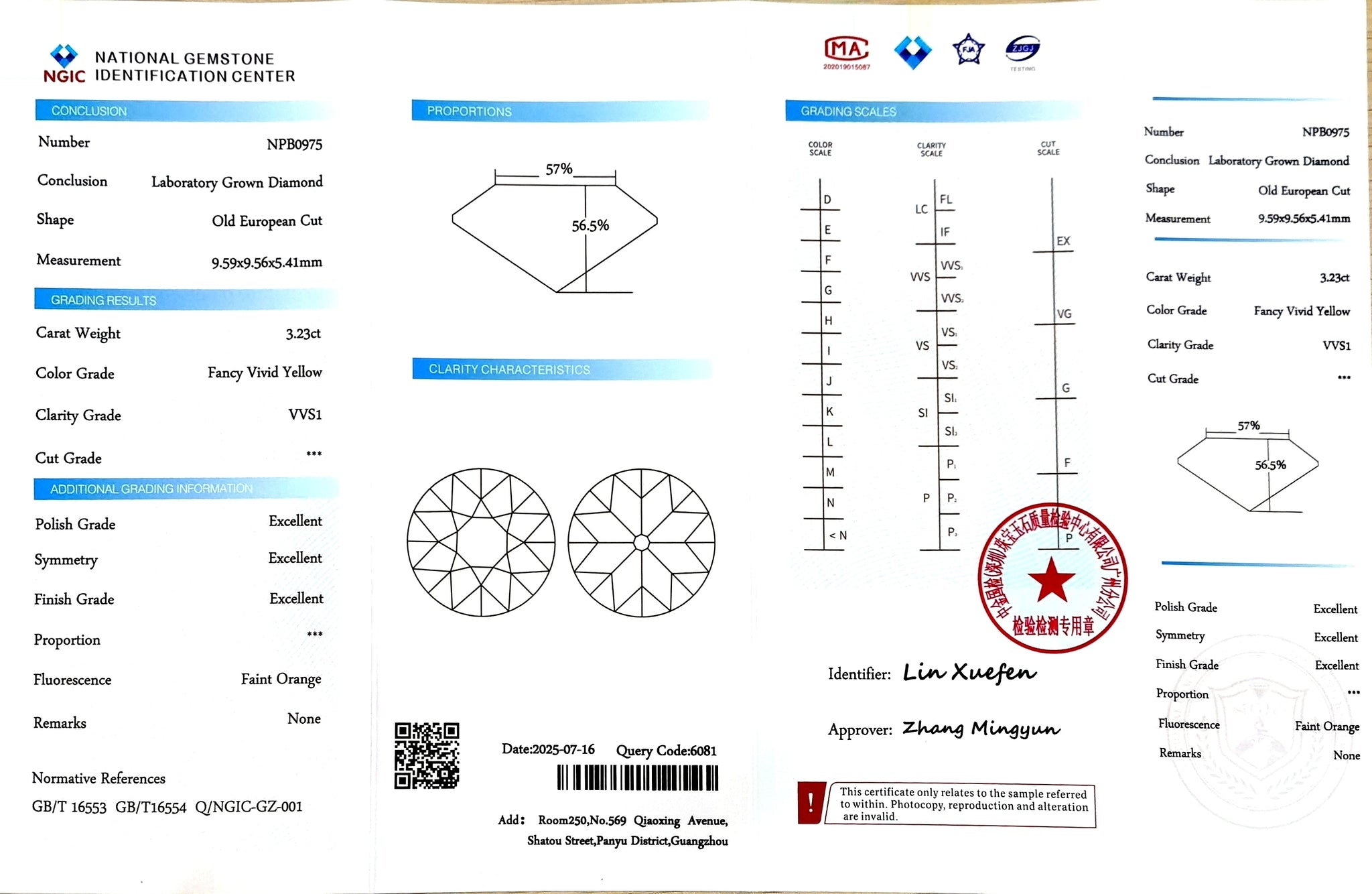 "NGIC certificate for 3.23ct old Euro cut round lab diamond"