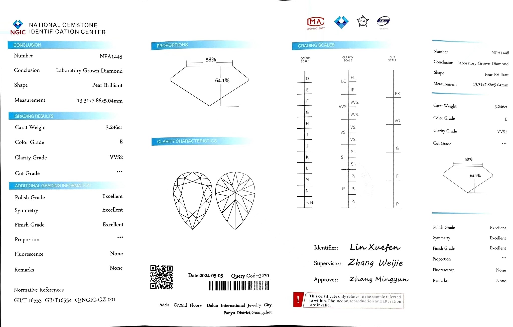 NGIC certificate for 3.246ct pear cut E color VVS2 clarity lab-grown diamond