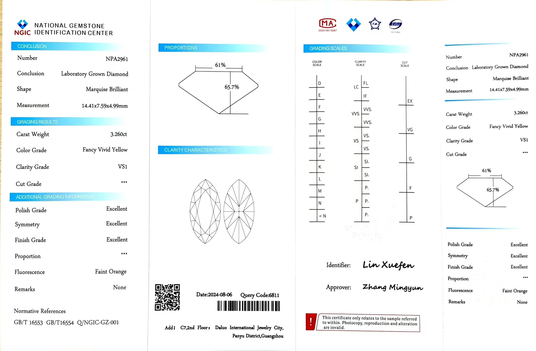 NGIC certificate for 3.260ct marquise fancy vivid yellow VS1 clarity lab-grown diamond