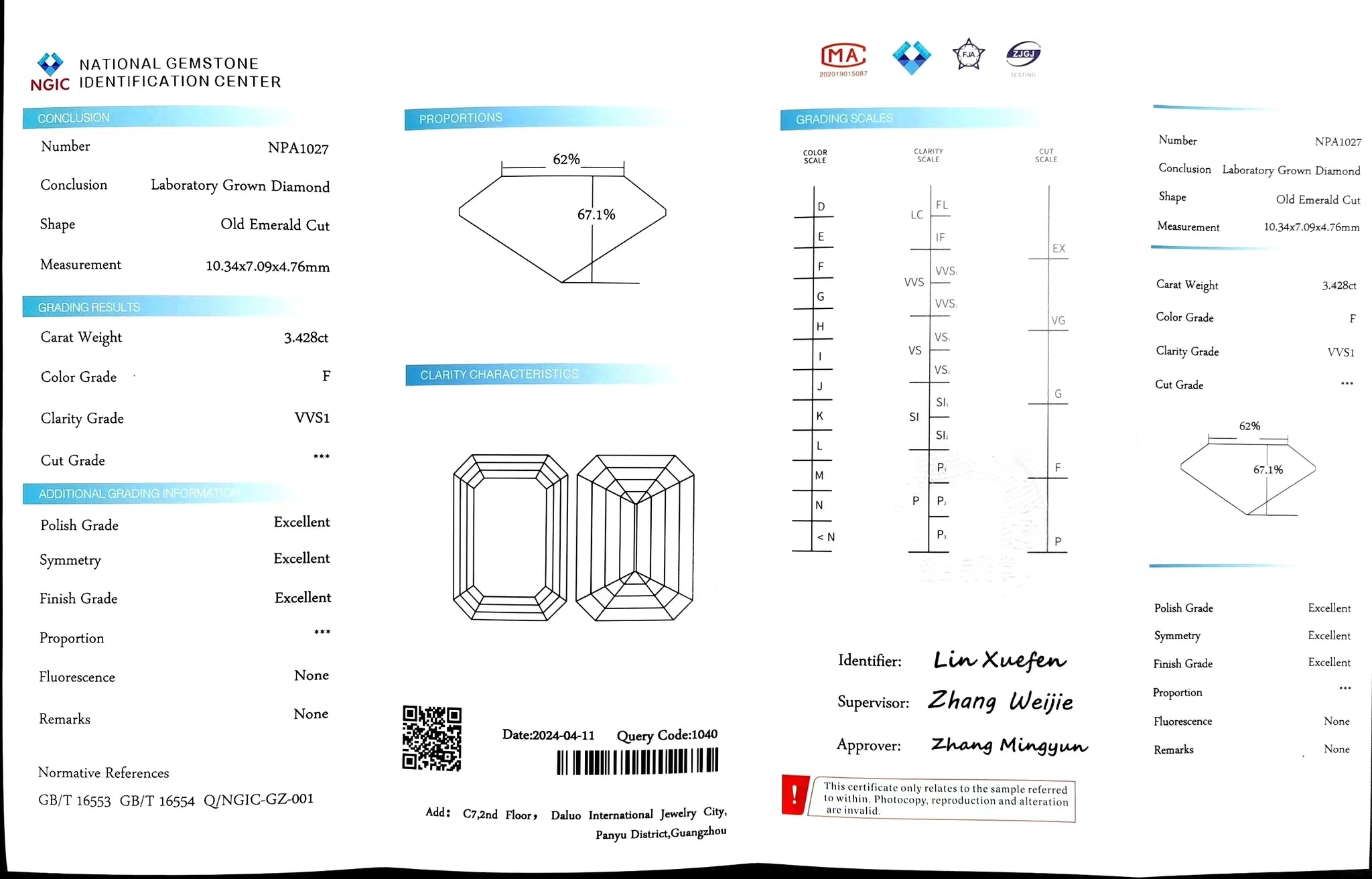 "NGIC certificate for 3.428ct old emerald cut F color VVS1 lab diamond"