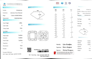 "NGIC certificate for 3.485ct cushion cut D color VVS1 lab diamond"