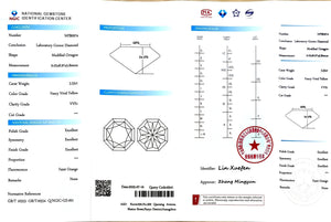 "NGIC certificate for 3.52ct modified octagon fancy vivid yellow VVS1 lab diamond"
