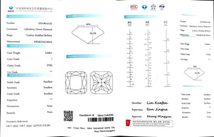 "NGIC certificate for 3.546ct cushion cut I color VVS2 lab diamond"