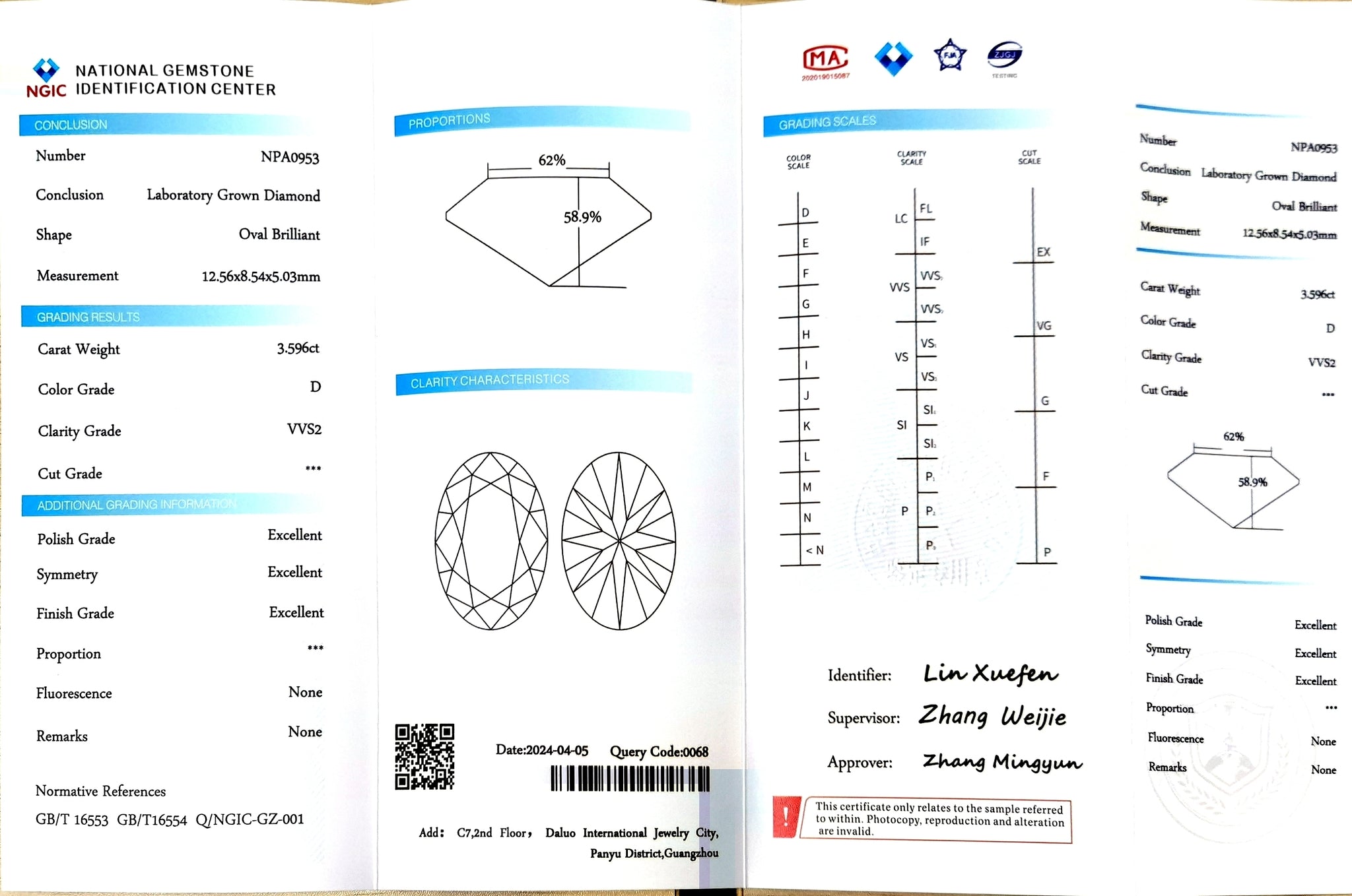 "NGIC certificate for 3.596ct oval cut D color VVS2 lab diamond"