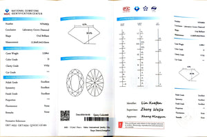 "NGIC certificate for 3.596ct oval cut D color VVS2 lab diamond"