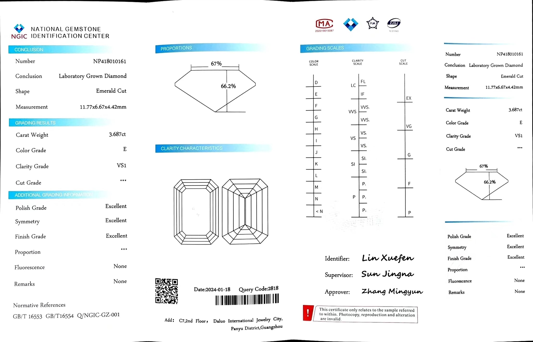 "NGIC certificate for 3.687ct emerald cut E color VS1 lab diamond"