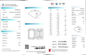"NGIC certificate for 3.687ct emerald cut E color VS1 lab diamond"