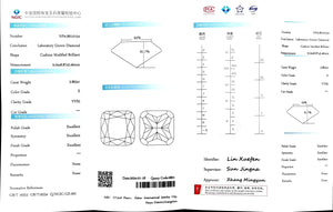 "NGIC certificate for 3.863ct cushion cut E color VVS2 lab diamond"