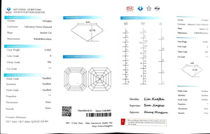 "NGIC certificate for 4.103ct asscher cut E color VS1 lab diamond"