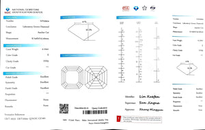  "NGIC certificate for 4.124ct asscher cut E color VVS2 lab diamond"