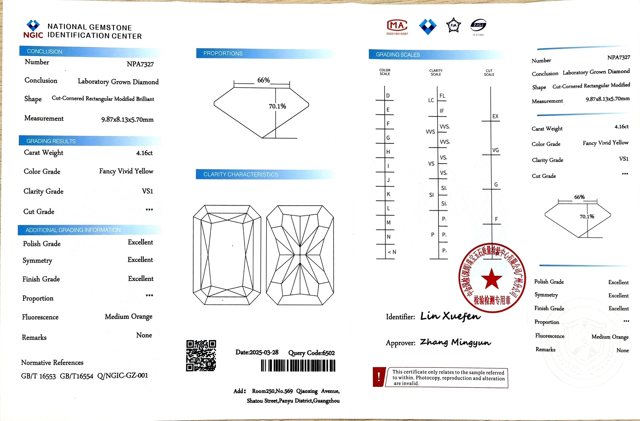 NGIC report for 4.16ct radiant cut fancy vivid yellow VS1 lab diamond