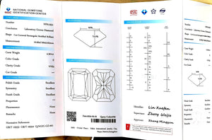 "NGIC certificate for 4.301ct radiant cut E color VVS2 lab diamond"