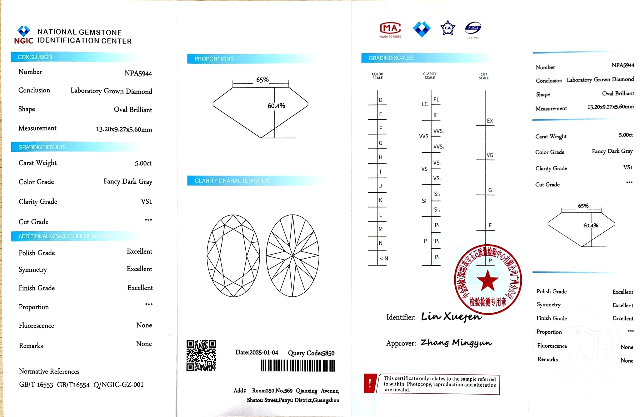 NGIC certificate for 5.00ct oval fancy dark gray VS1 lab diamond (NPA5944)