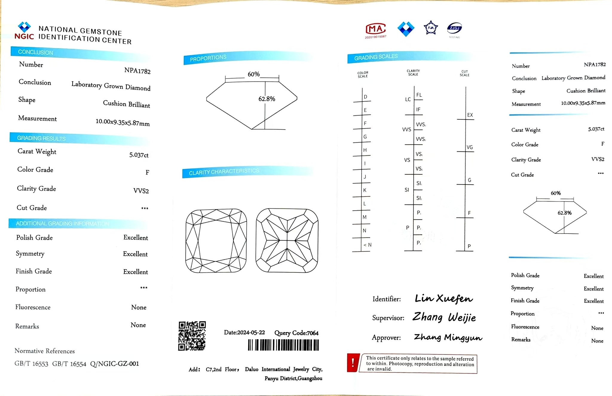 NGIC certificate for 5.037ct cushion F color VVS2 lab diamond