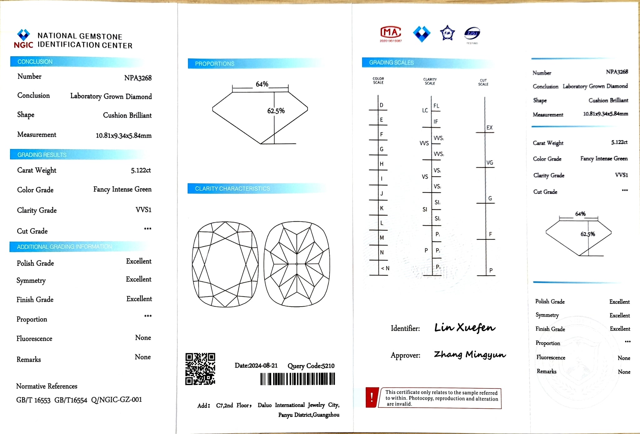 NGIC certificate for 5.122ct cushion fancy intense green VVS1 lab diamond (NPA3268)