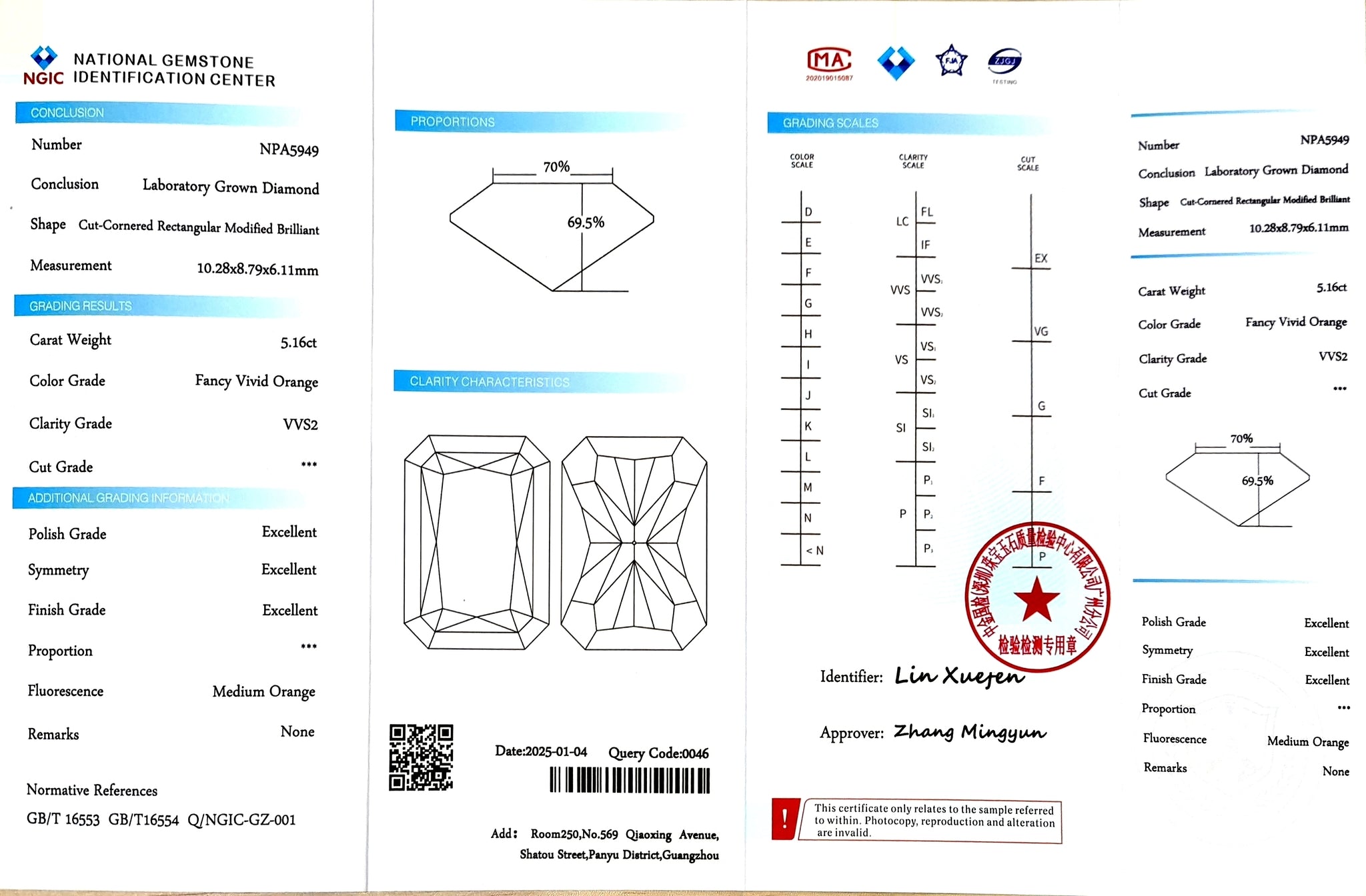 NGIC certificate for 5.16ct radiant cut fancy vivid orange VVS2 lab diamond (NPA5949)