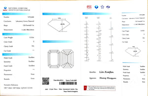 NGIC certificate for 5.215ct old emerald cut E color VS1 lab diamond (NPA3266)