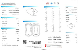 "NGIC certificate for 5.520ct modified elongated cushion cut F color VS1 lab diamond"
