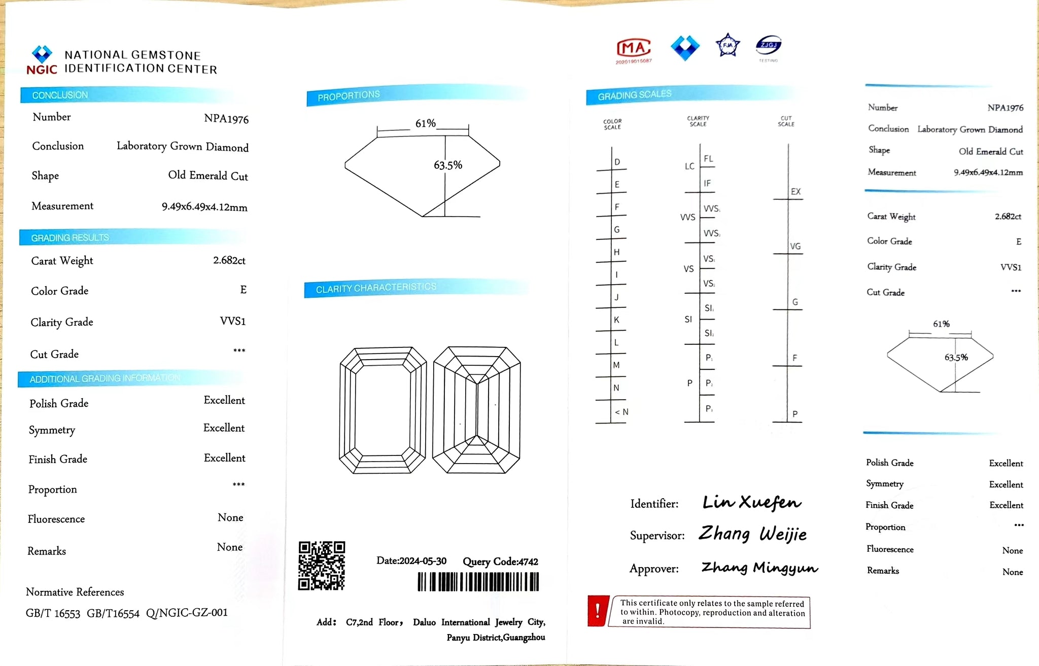 NGIC certificate for 2.682ct old emerald cut E color VVS1 clarity lab-grown diamond