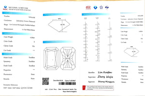 NGIC certification for 4.303ct radiant E color VS1 lab-created diamond
