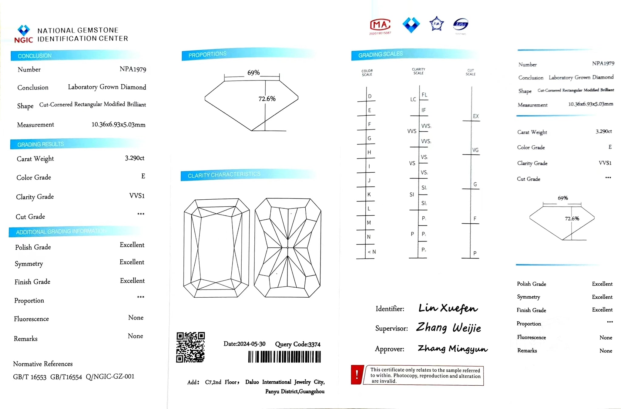 NGIC lab report for 3.290ct radiant E color VVS1 clarity lab diamond