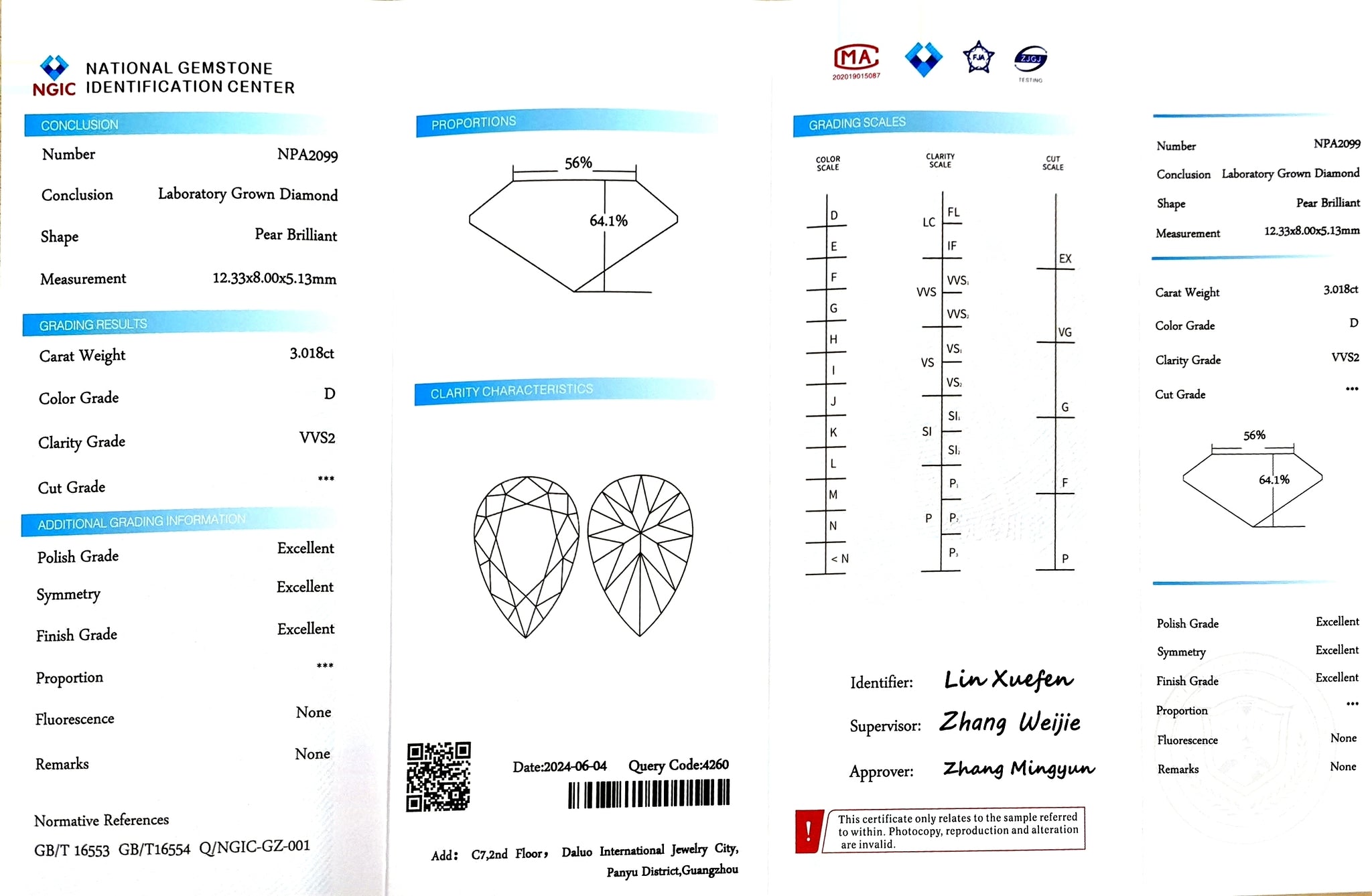 NGIC report for 3.018ct pear D color VVS2 lab diamond