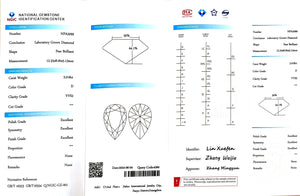 NGIC report for 3.018ct pear D color VVS2 lab diamond