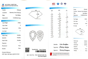 NGIC certificate for 3.032ct pear E color VVS2 lab-grown diamond
