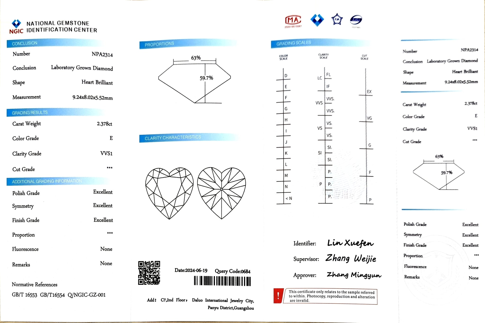 NGIC report for 2.378ct heart E color VVS1 lab-grown diamond