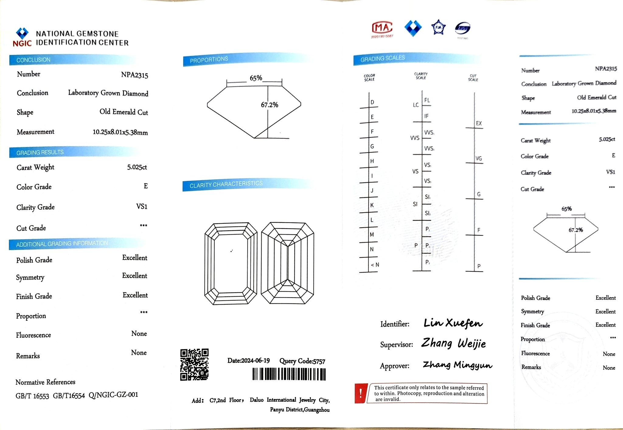 NGIC certificate for 5.025ct old emerald cut E color VS1 lab-created diamond
