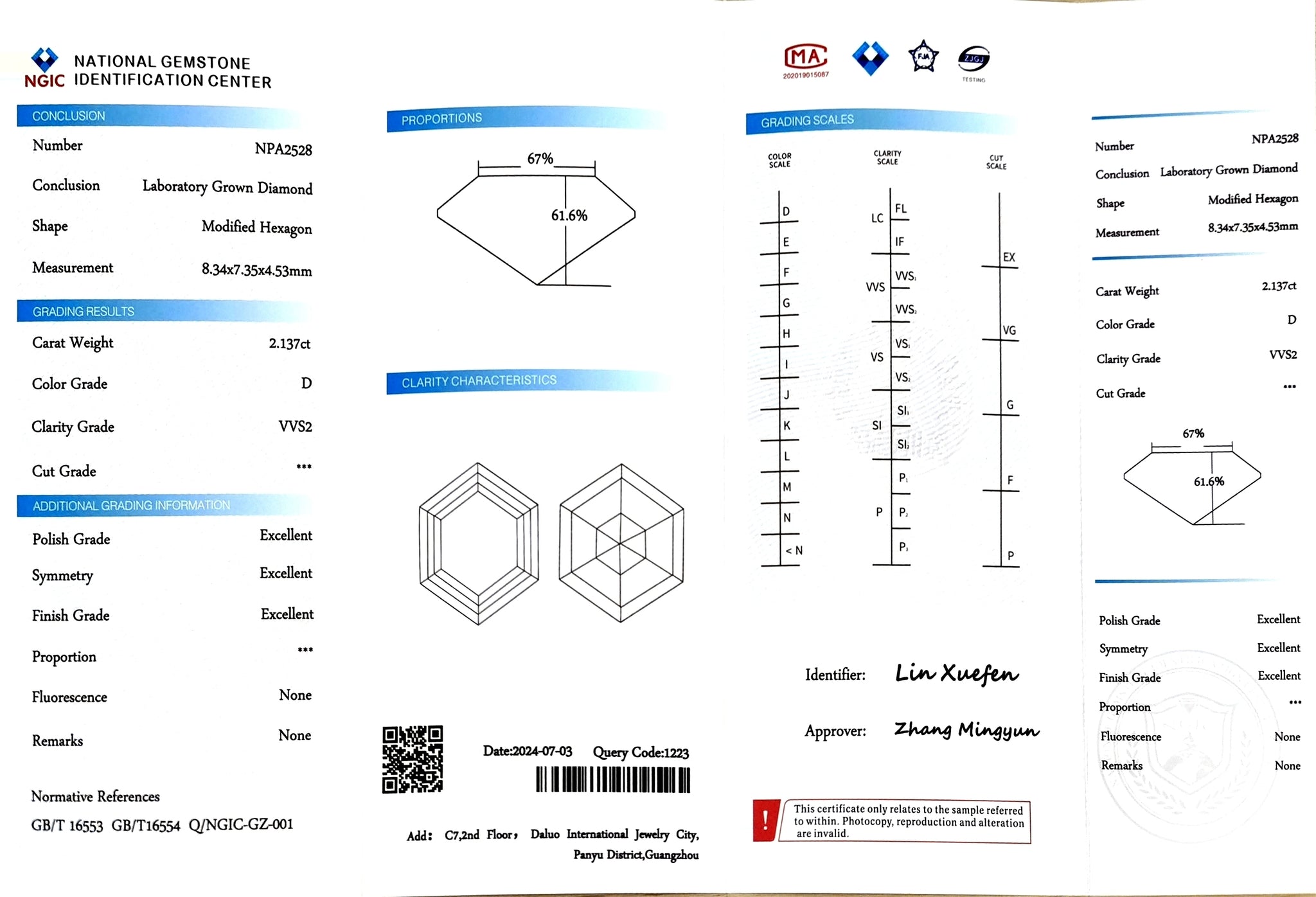 NGIC certificate for 2.137ct modified hexagon D color VVS2 lab-created diamond