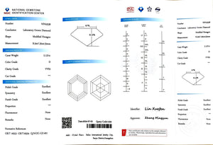 NGIC certificate for 2.137ct modified hexagon D color VVS2 lab-created diamond