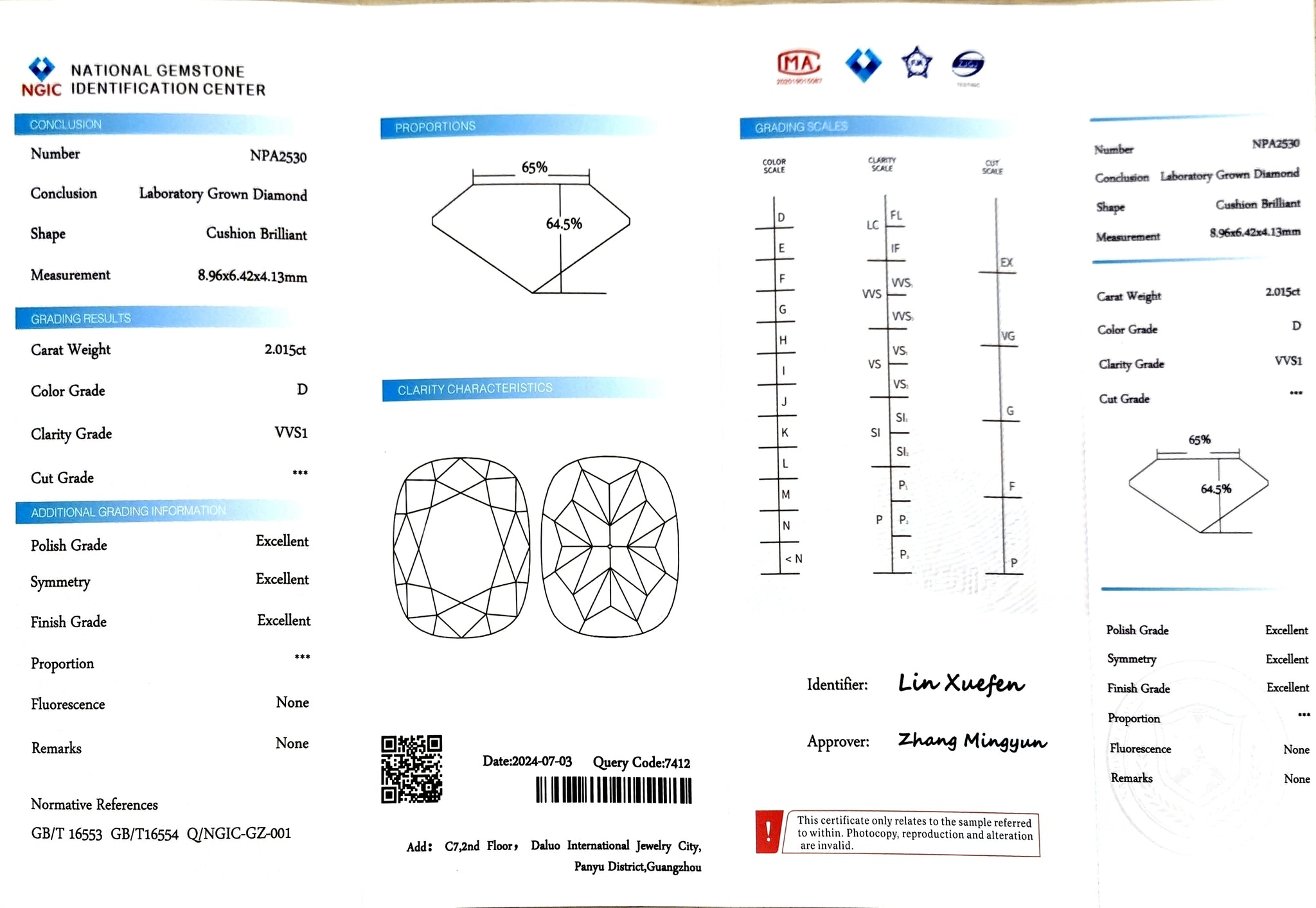NGIC certificate for 2.015ct cushion D color VVS1 clarity lab diamond