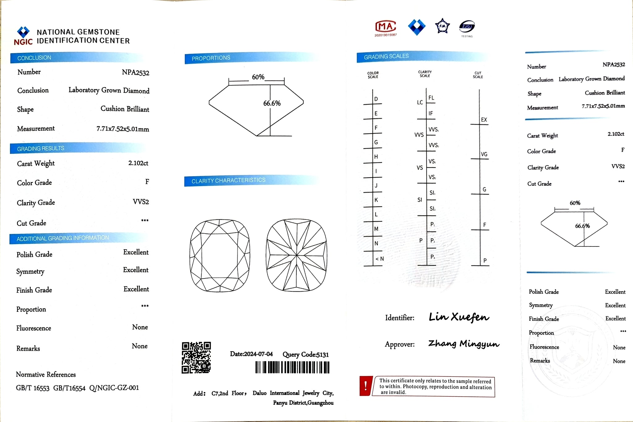NGIC report for 2.102ct cushion F color VVS2 lab-grown diamond
