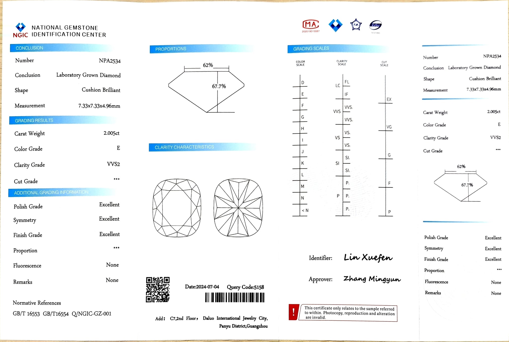 NGIC certificate for 2.005ct cushion E color VVS2 lab-created diamond