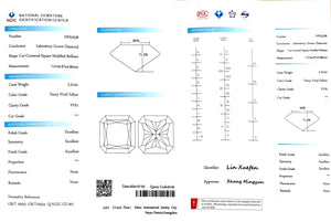 NGIC report for 2.312ct radiant Fancy Vivid Yellow VVS1 lab-grown diamond