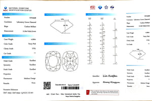 NGIC certificate for 4.200ct cushion cut fancy pink VVS1 lab diamond (Report #NPA3928)