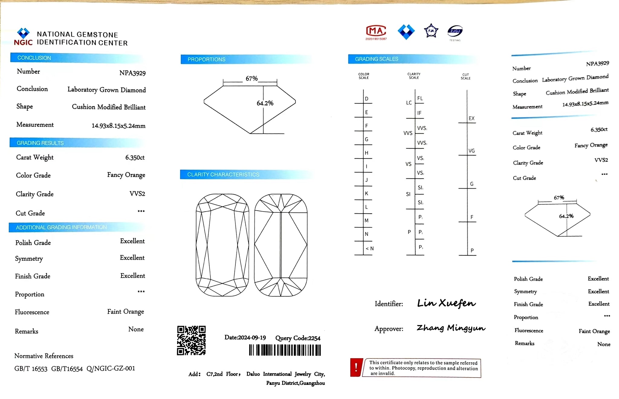 NGIC certificate for 6.350ct elongated cushion fancy orange VVS2 lab diamond (Report #NPA3929)