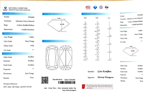 NGIC certificate for 6.350ct elongated cushion fancy orange VVS2 lab diamond (Report #NPA3929)