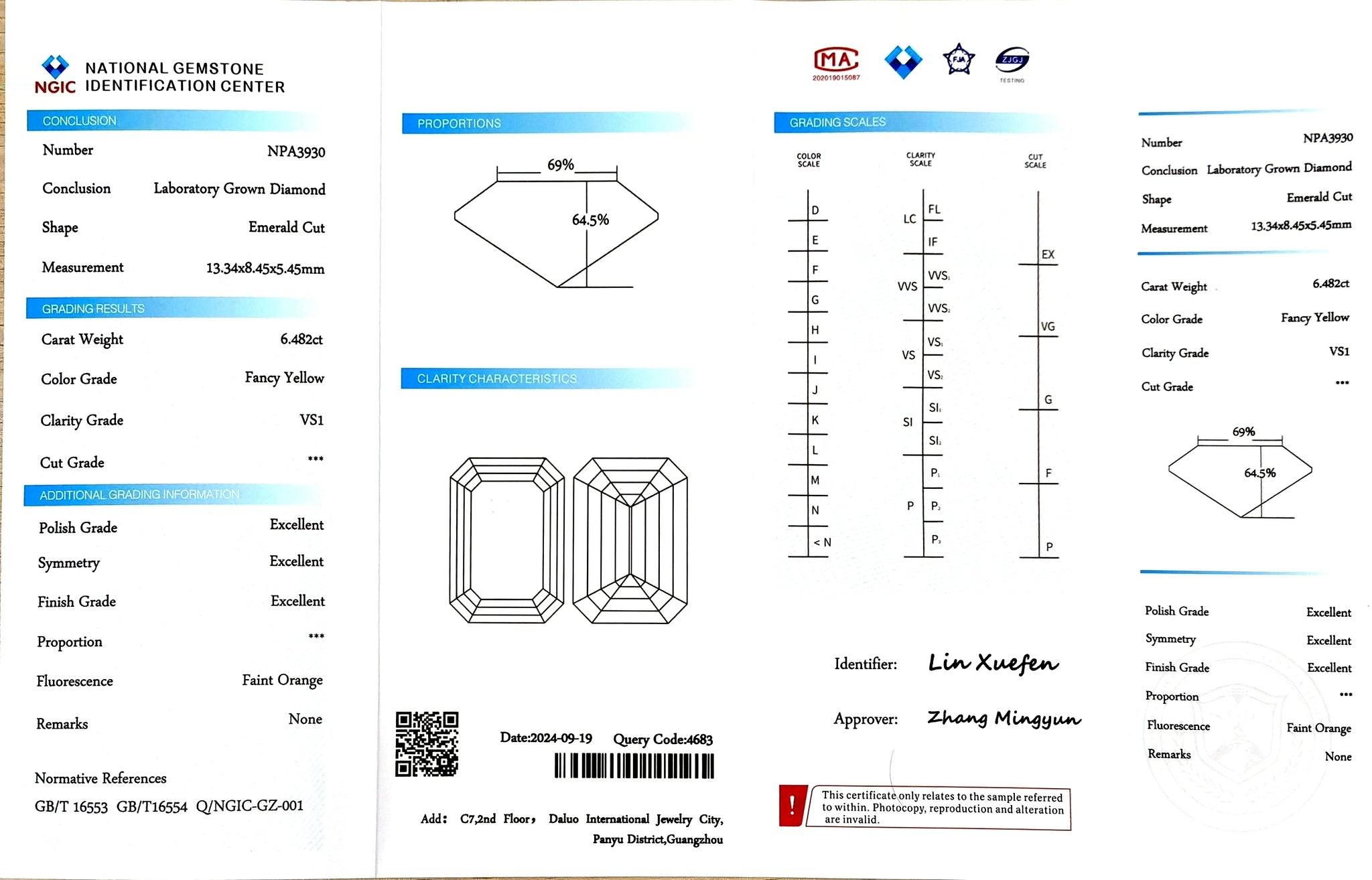 NGIC certificate for 6.482ct emerald cut fancy yellow VS1 lab diamond (Report #NPA3930)