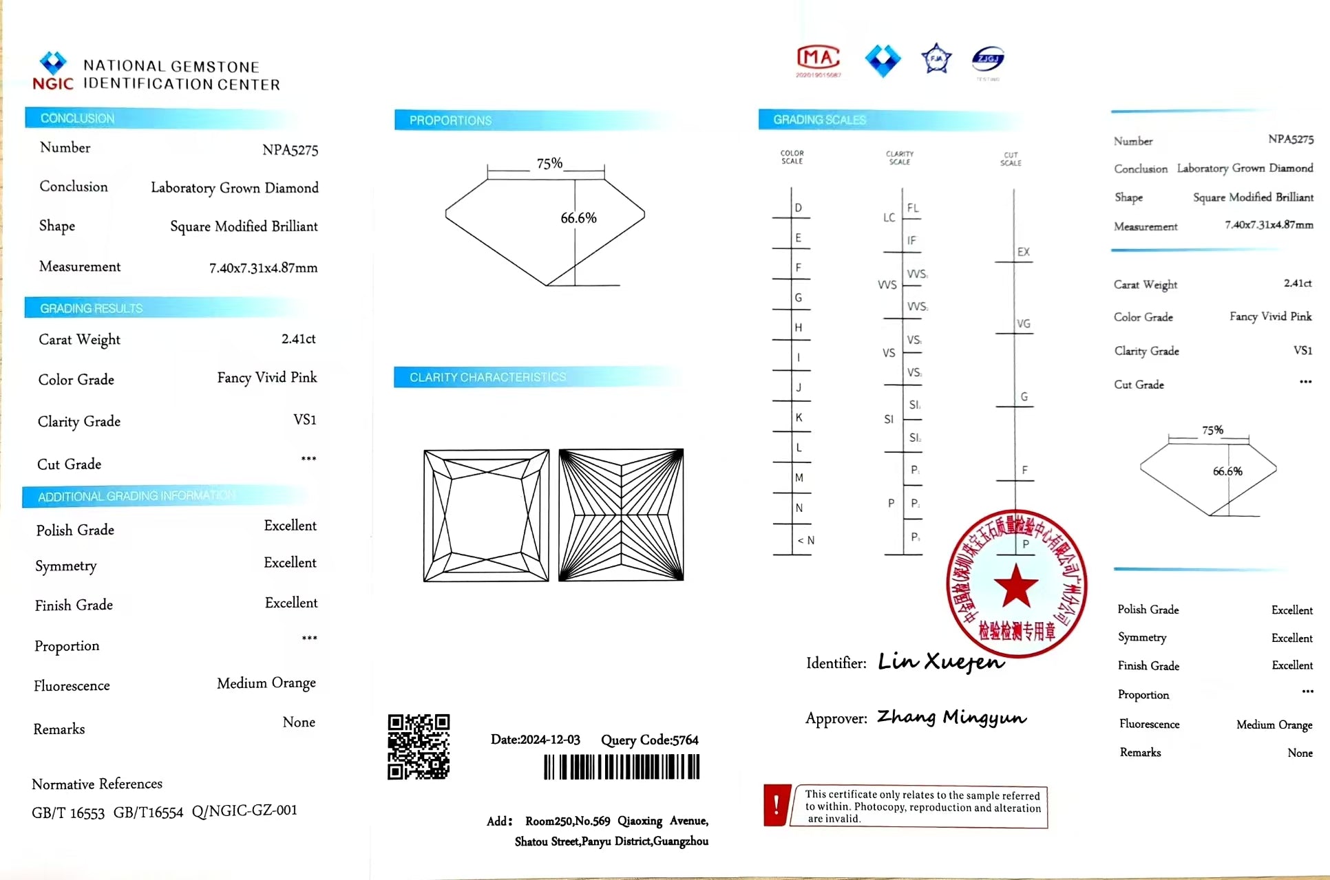 NGIC report for 2.41ct princess cut fancy vivid pink VS1 diamond (NPA5275)