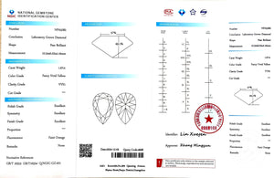 NGIC certificate for 1.67ct pear cut fancy vivid yellow VVS1 diamond (NPA5282)