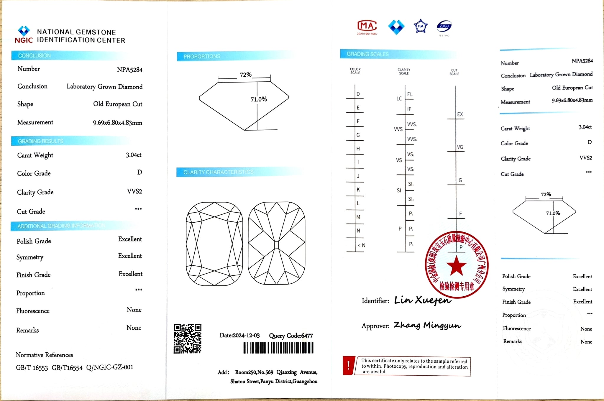 NGIC certificate for 3.04ct old european cut D color VVS2 lab diamond (NPA5284)