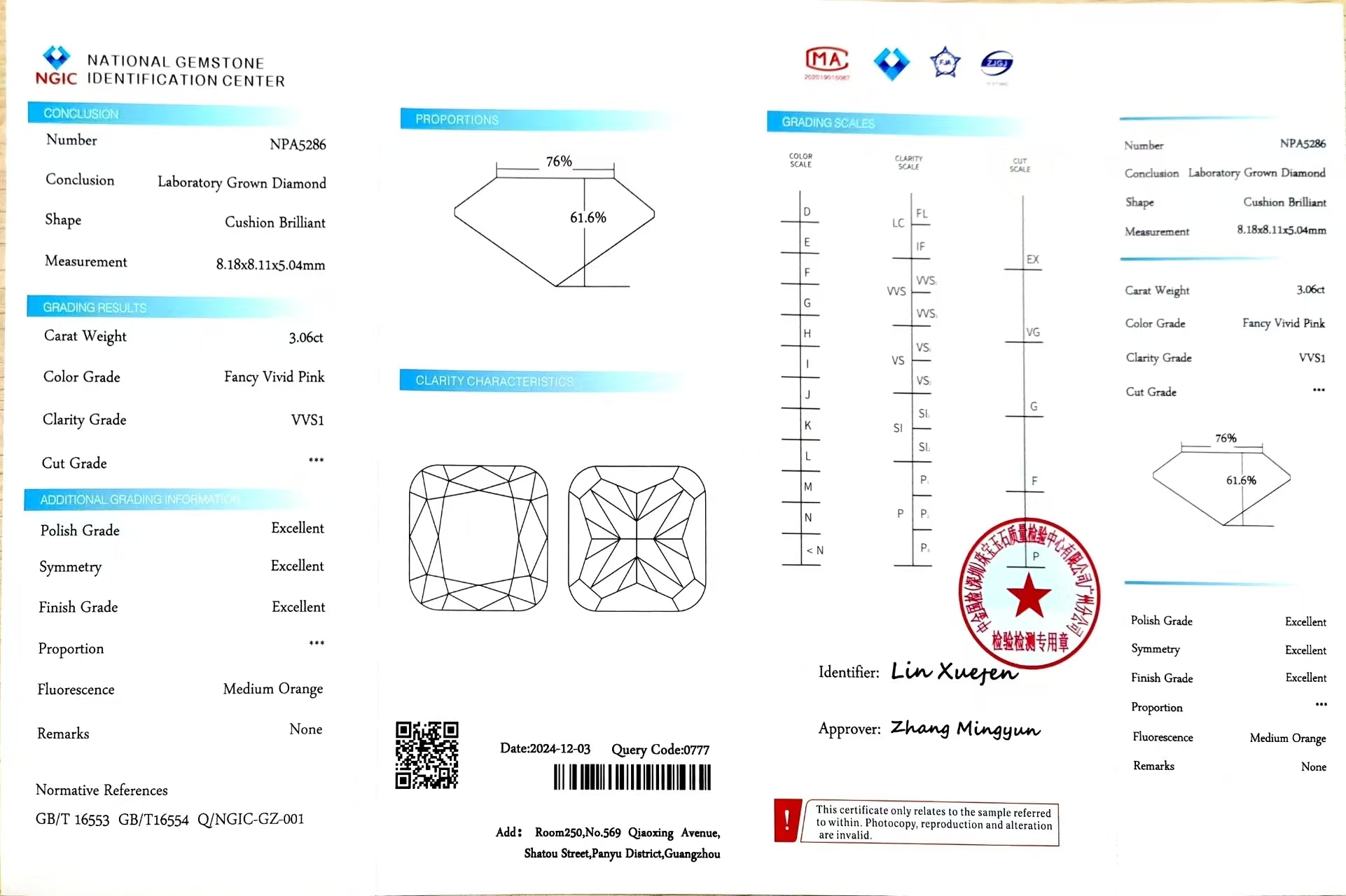 NGIC certificate for 3.06ct cushion cut fancy vivid pink VVS1 lab diamond (Report #NPA5286)