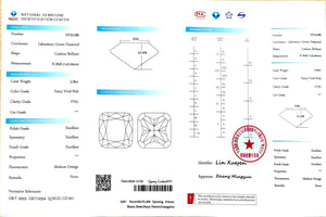NGIC certificate for 3.06ct cushion cut fancy vivid pink VVS1 lab diamond (Report #NPA5286)
