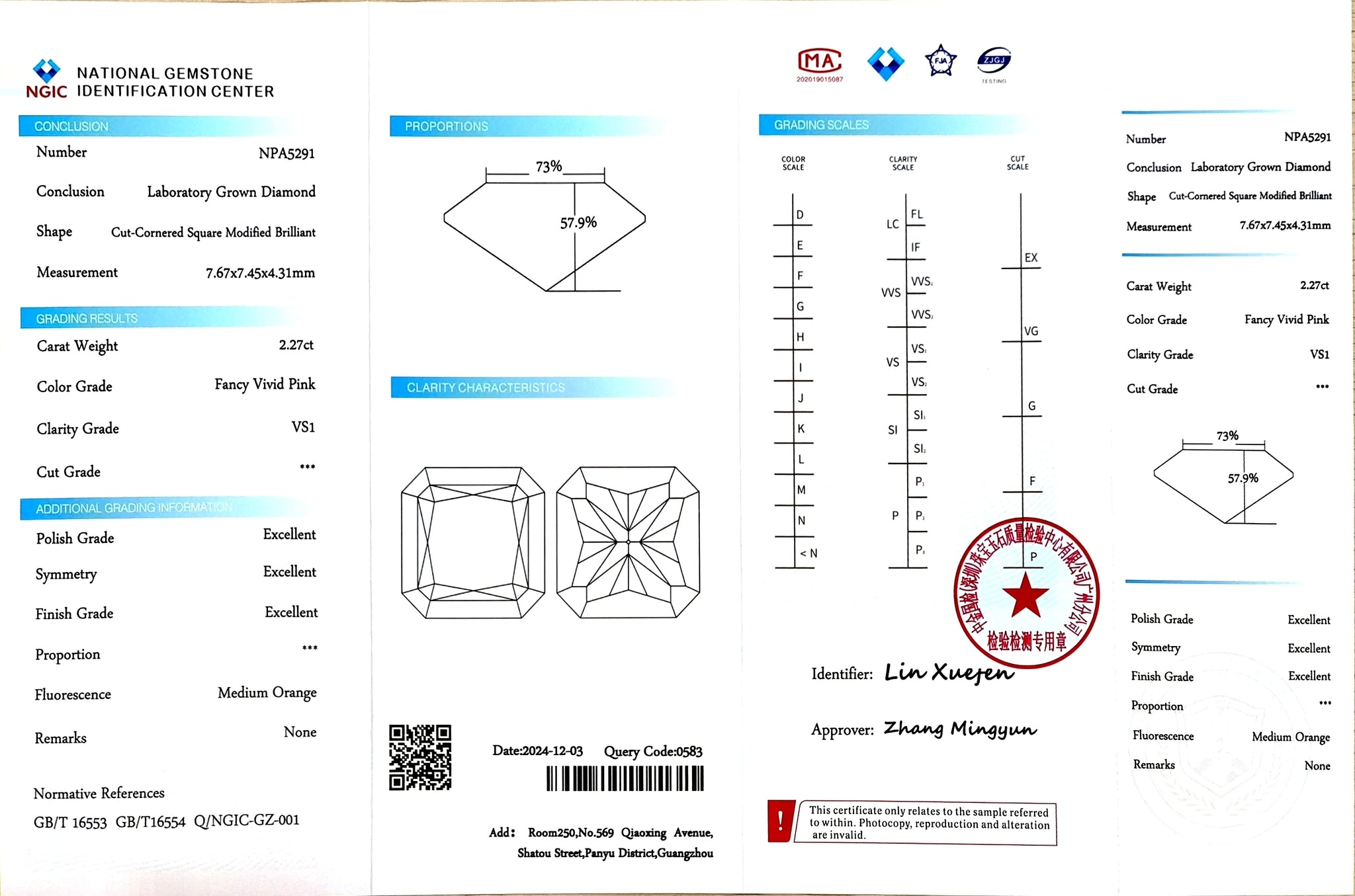 NGIC certificate for 2.27ct radiant cut fancy vivid pink VS1 lab diamond (Report #NPA5291)