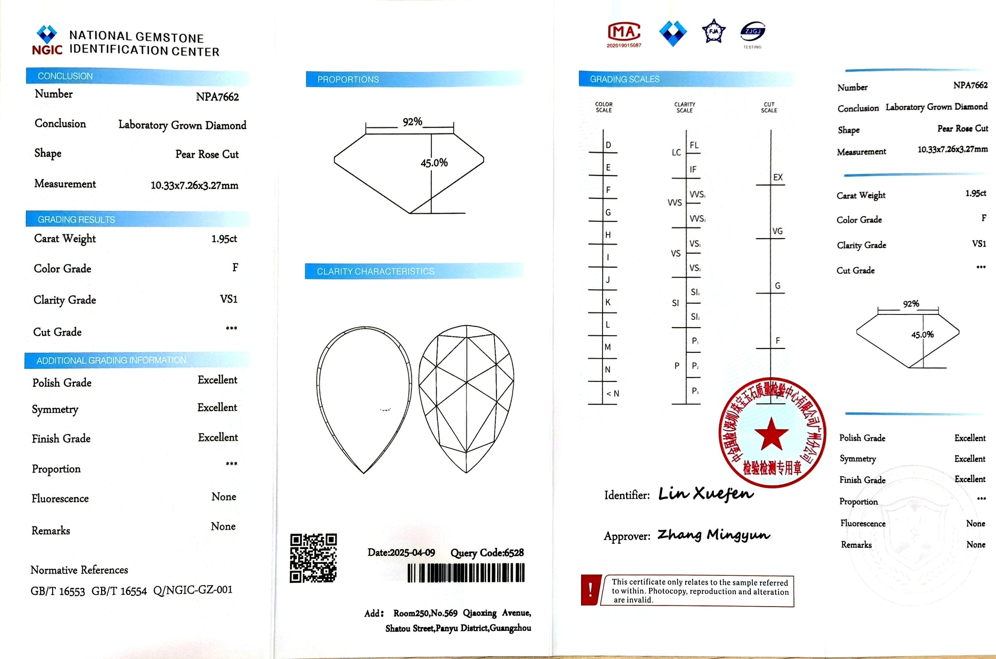 NGIC Lab Diamond Certificate #NPA7662 – 1.95ct F/VS1 Pear Rose Cut